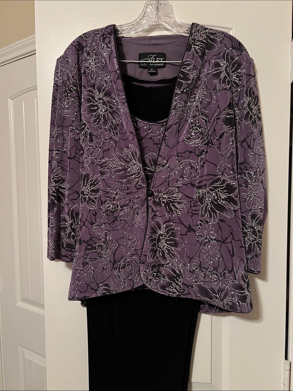 Alex Evenings Purple Floral Metallic-Embellished Jacket with Shell and pants